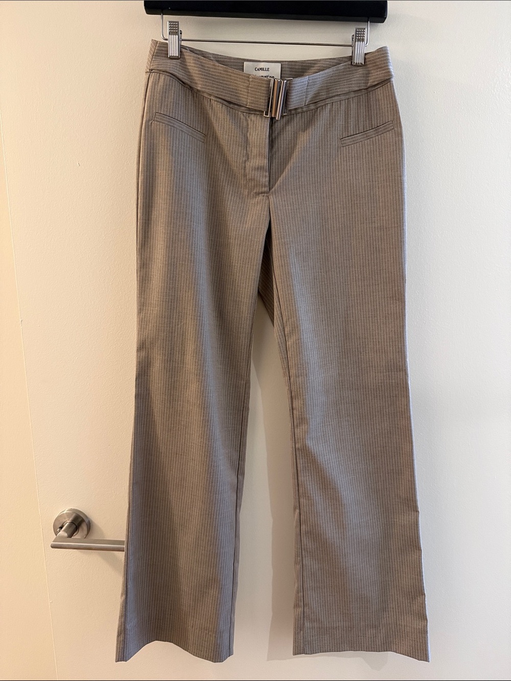Reformation Camille Rowe Taupe Pinstripe Wide-Leg Trousers